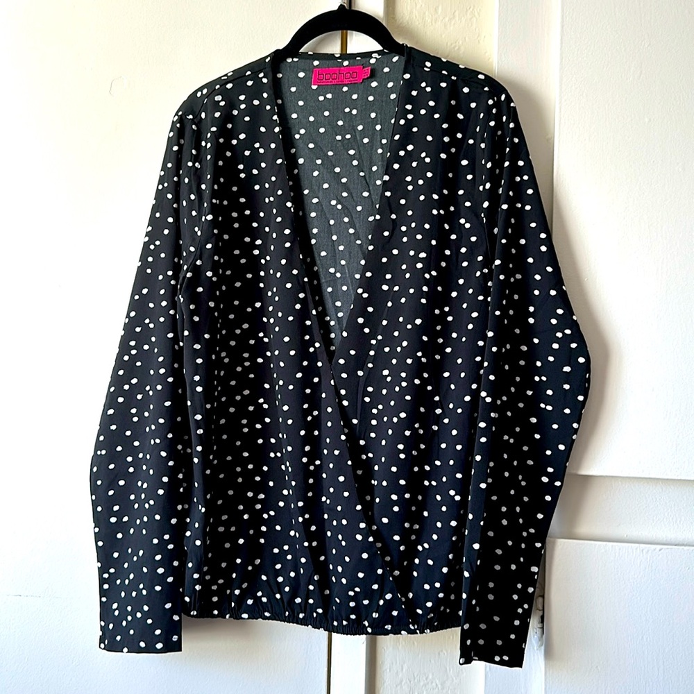 Boohoo Cross Front Black & White Polka Dot Blouse | 12/L